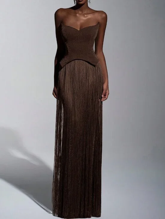 Brown Elegant Women's Glitter Knit Off-Shoulder Tassel Bodycon Dress - Picture 6 of 7